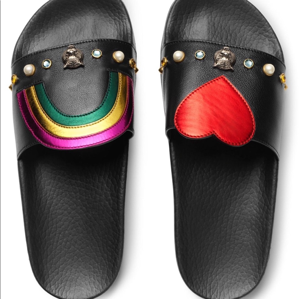 Gucci Pursuit Heart & Rainbow Patch Leather Slides LIMITED EDITION/ REAL